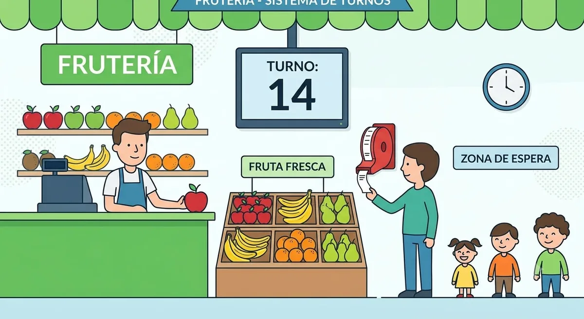 Modo con ticket: clientes con números secuenciales en una cola simple.
