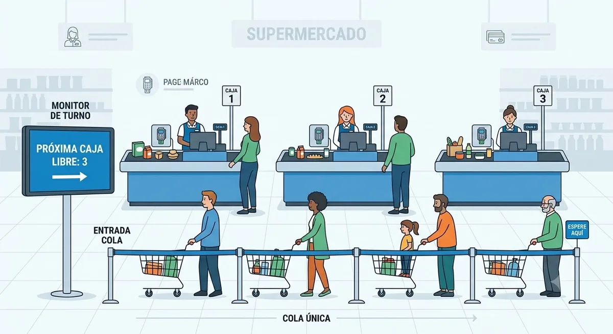 Modo sin ticket: puestos libres avisando al monitor y clientes dirigiéndose a ellos.