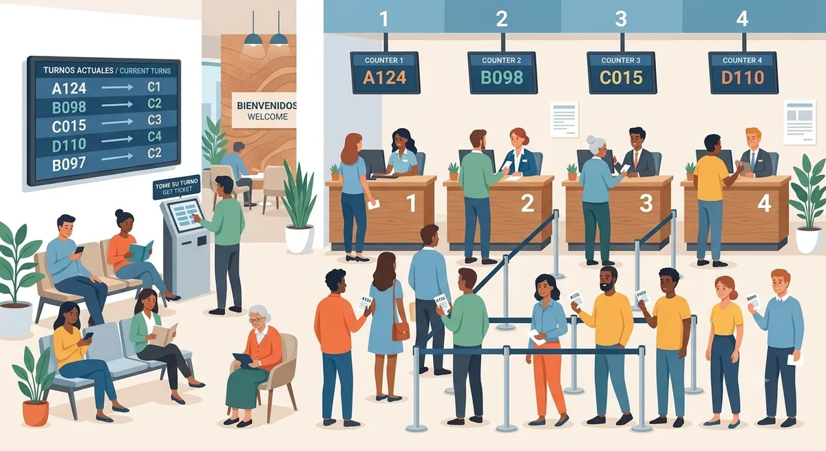 Modo avanzado: varios puestos atendiendo distintos tipos de turno en un hospital.