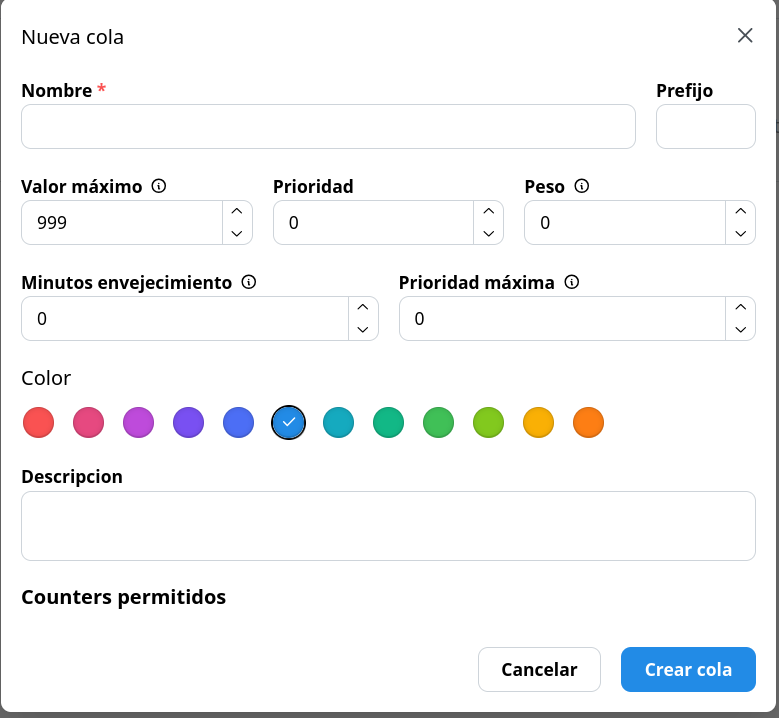 Formulario de creación de cola