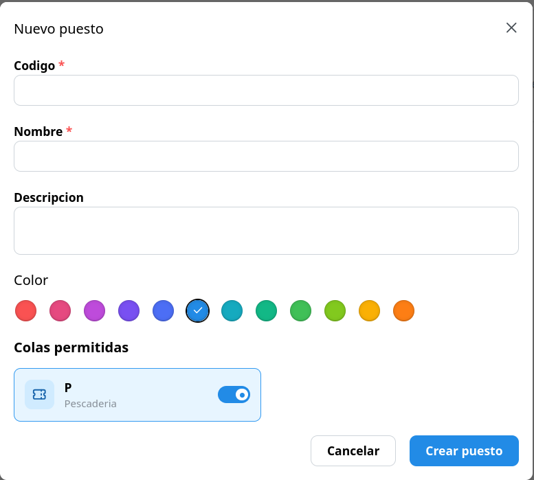 Formulario de creación de puesto