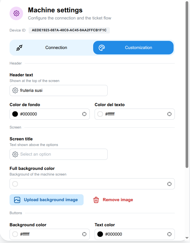 Opciones de personalización de la máquina de tickets